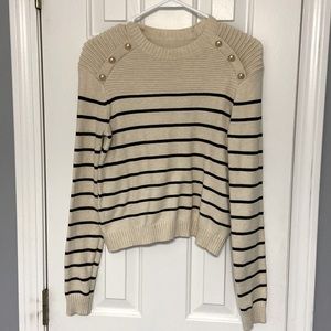 SHEIN cream/black striped sweater with button shoulder detail